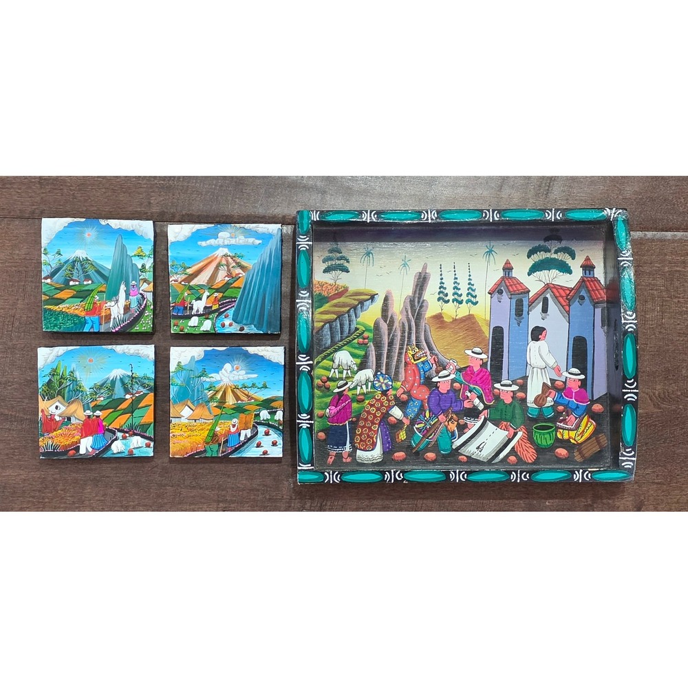 VTG RARE Ecuadorian Tigua Folk Art Hand Painted Wooden Tray/4 Coaster Set